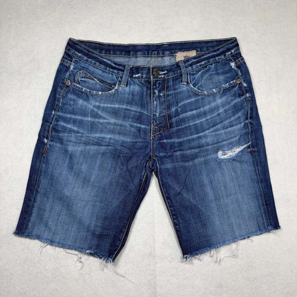 Monarchy Shorts Mens 36 Skewed Union Jack Distressed Blue Denim Jorts